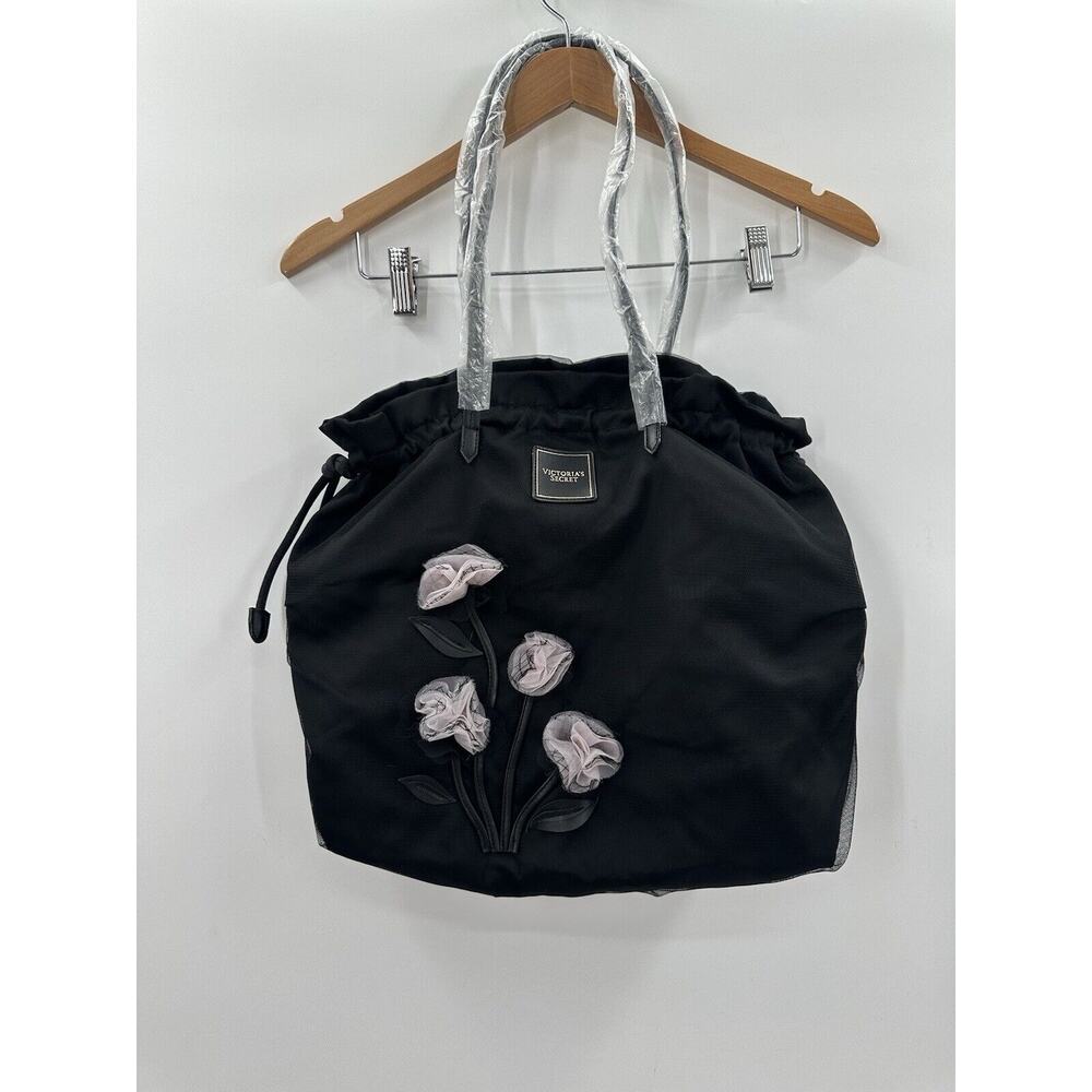 NWT Victoria’s Secret Black Floral Appliqué Tote Bag Flowers Weekender Purse